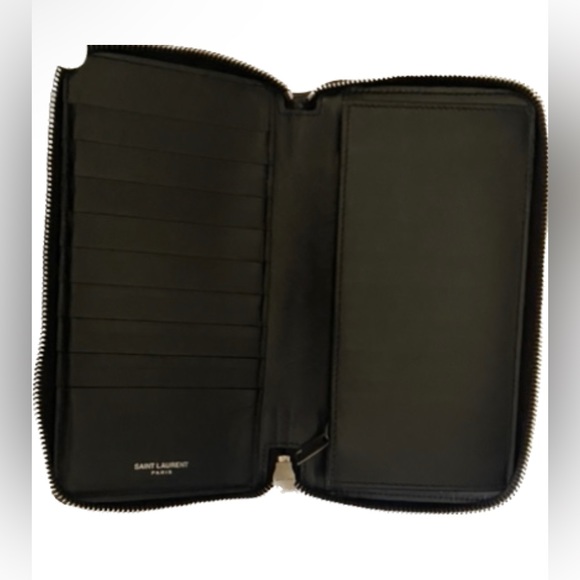 YSL SAINT LAUREN ❤️❤️ ZIP AROUND LONG WALLET BLACK WITH METAL HARDWARE YSL LOGO - Picture 3 of 15